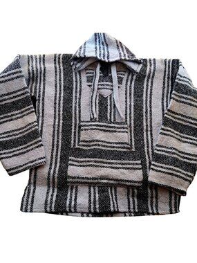 Medium Vtg Baja Hoodie Pullover Black White Striped Festival Pocket Scum Rug